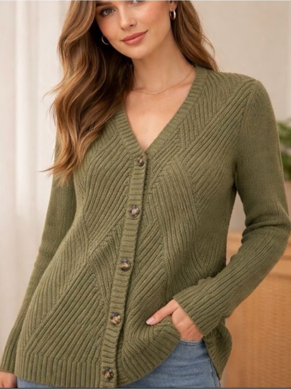 Cabi Longline Olive Green Ribbed Button-Front Women's Cardigan Sweater